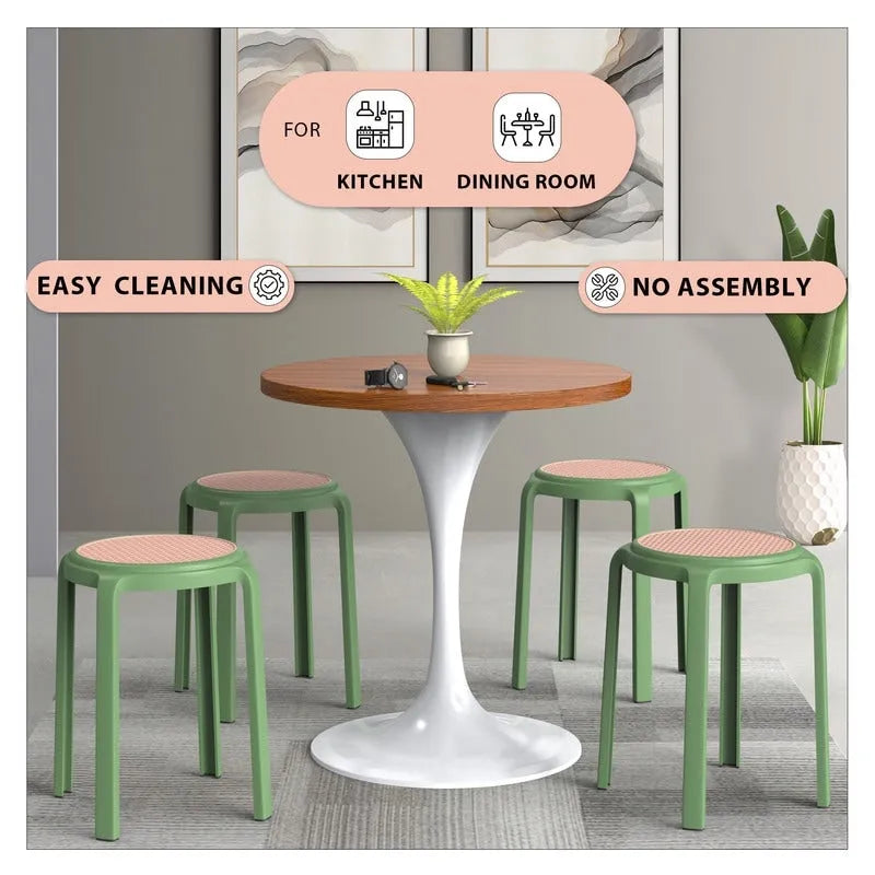 Round Plastic Dining Stool with Wicker Top - 17.7 H x 13.4 W x 13.4 D