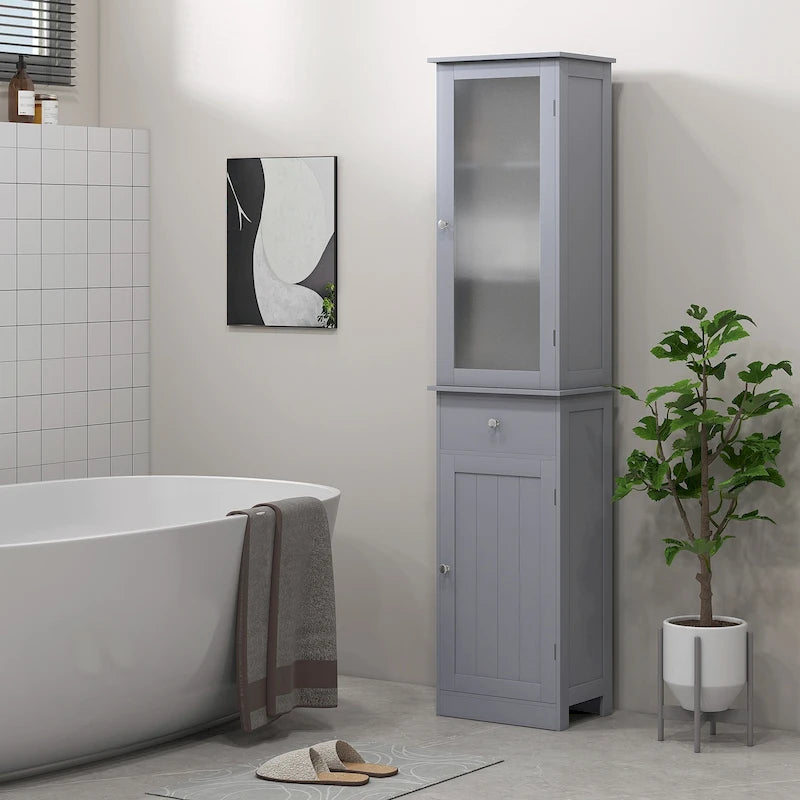 Slim Bathroom Storage Cabinet, Tall Bathroom Cabinet, Narrow Linen Tower with Acrylic Door, Drawer and Shelves, Gray
