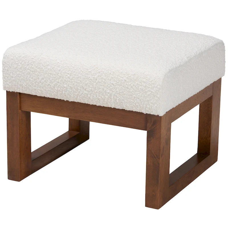 Mid-Century Modern Off-White Boucle Upholstered and Walnut Brown Finished Wood Ottoman Footstool