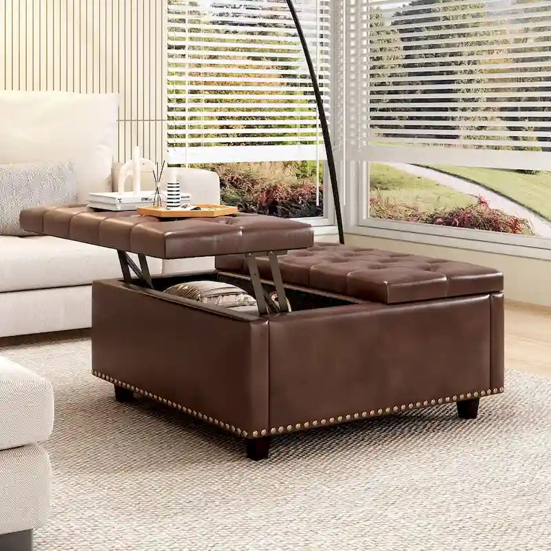 Sedia quadrata con contenitore oversize in pelle PU, con contenitore, contenitore a doppia anta, tavolino da caffè moderno di metà secolo