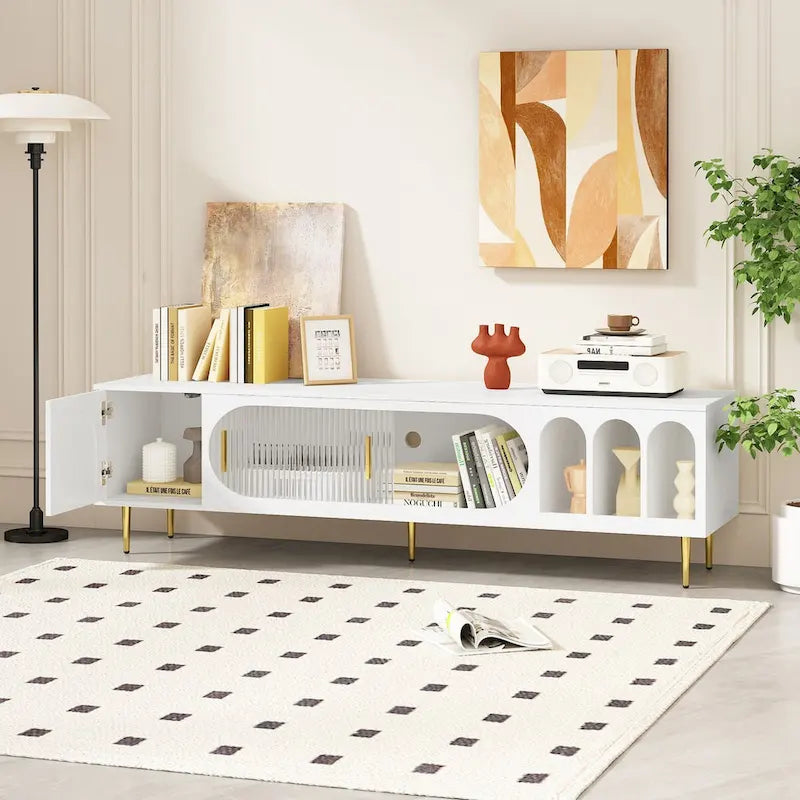 Modern TV Stand for up to 70 Inch TV, Entertainment Center TV Media Console Table, with 3 Shelves and 2 Cabinets