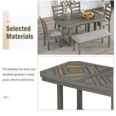 6 PCS Rubber Wood Dining Table Set with Beautiful Wood Grain Veneer Tabletop and Soft Cushion-ModernLuxe
