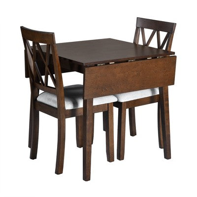 3 Piece Expandable Dining Set with 2 Upholstered Chairs, Wood Dining Table with Drop Leaf for Small Place