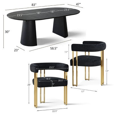 3-in-1 Oval Extendable Dining Table Set with Chenille Upholstered Chairs Featuring Gold Metal Legs, Versatile Dining Furniture-Panipeachy
