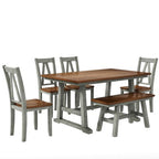 Farmhouse 6-Piece Wood Dining Table Set with Long Bench and 4 Dining Chairs-ModernLuxe
