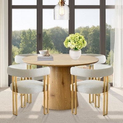 Expandable Round to Oval Dining Table Set with 4 Velvet Armchairs, Modern Pedestal Design, Seats Up to 8 People-Panipeachy