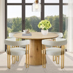 Expandable Round to Oval Dining Table Set with 4 Velvet Armchairs, Modern Pedestal Design, Seats Up to 8 People-Panipeachy