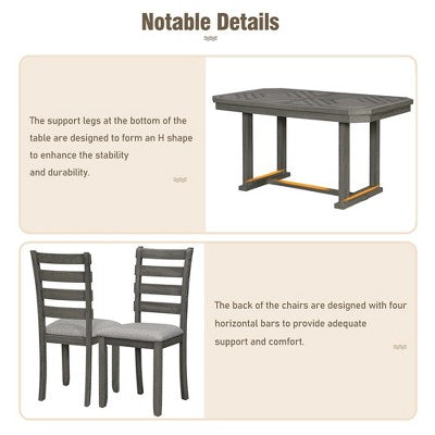 6 PCS Rubber Wood Dining Table Set with Beautiful Wood Grain Veneer Tabletop and Soft Cushion-ModernLuxe