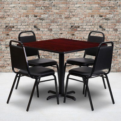 Emma and Oliver 36 Square Laminate X-Base Table Set with 4 Banquet Chairs