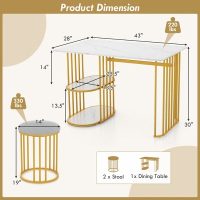 Costway 3 Piece Dining Table Set w/ 2 Stools 2-tier Storage Shelf Upholstered Seat
