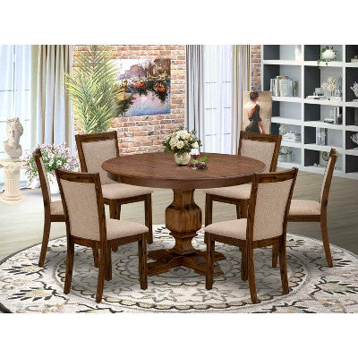 HomeStock Modern Round Dining Table Set Walnut Linen Chairs