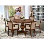 HomeStock Modern Round Dining Table Set Walnut Linen Chairs