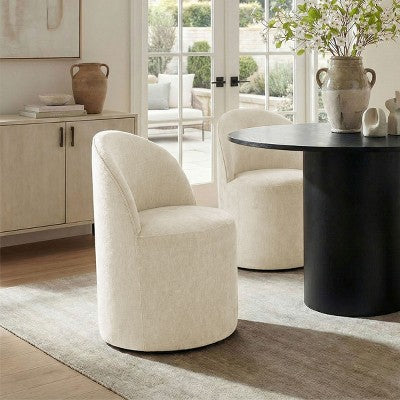 5-Piece Dining Table Set for 4, Modern Barrel Chair with Wheels and Chenille Upholstery, Black Round Pedestal Table-Panipeachy