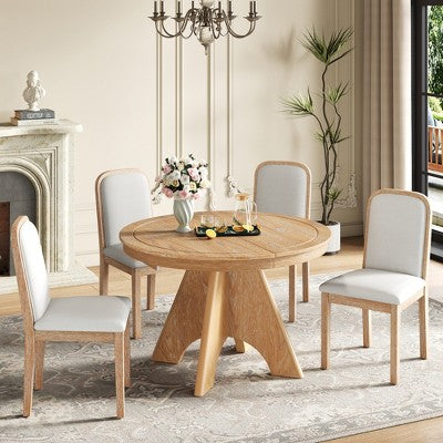 5 Piece Extendable Dining Table Set Dining Set for 4, Vintage Round Kitchen Table Set with 4 Upholstered Dining Chairs - ModernLuxe