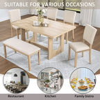 GDFStudio Kiley Modern 6 Piece Wooden Dining Table Set with Bench and Four Upholstered Chairs