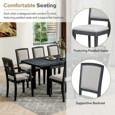 9 Pieces Extendable Dining Table Set for 6, Rectangular Kitchen Dining Table with Removable Leaf and 6 Armless Chairs and 2 Arm Chairs