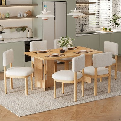 7 Piece Farmhouse Dining Table Set Dining Set for 6, 60 Kitchen Table Set with 6 Upholstered Dining Chairs - ModernLuxe