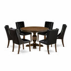 HomeStock Round Dining Table Set with 6 Chairs Distressed Jacobean