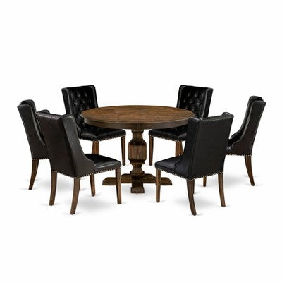 HomeStock Round Dining Table Set with 6 Chairs Distressed Jacobean