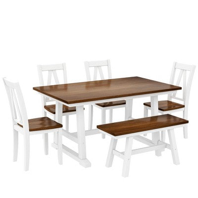 Farmhouse 6-Piece Wood Dining Table Set with Long Bench and 4 Dining Chairs-ModernLuxe