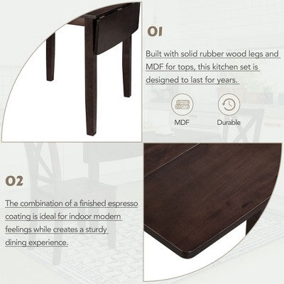 GDFStudio Torquil 3 Piece Ruberwood Dining Set with Foldable Dining Table and 2 X-back Chairs