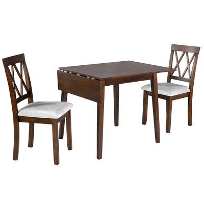 3 Piece Expandable Dining Set with 2 Upholstered Chairs, Wood Dining Table with Drop Leaf for Small Place