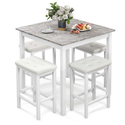 Costway 5 PCS Bar Table Set Square Dining Table & 4 PVC Leather Upholstered Bar Stools Brown/White