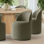 Round Dining Table Set For 6, Upholstered Barrel Dining Chairs With Castors, Linen Blend Fabric, Curved Back Support - Panipeachy