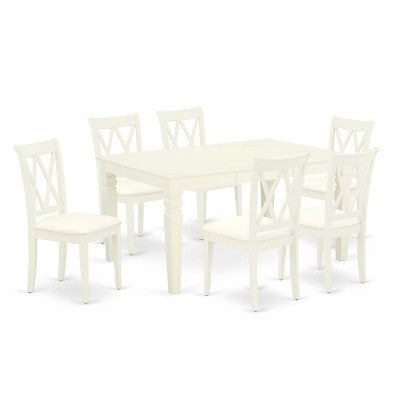 HomeStock 7-Pc Rectangle Buttermilk and Cherry Finish Solid Wood Top Dining Table with 6 Chairs with Butterfly Leaf Cross Back