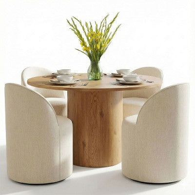Dining Table Set for 4, Upholstered Barrel Chair with Castors and Round Pedestal Table for Kitchen or Breakfast Nook-Panipeachy