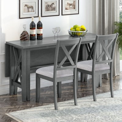 6 Piece Extendable Dining Table Set Dining Set Small Dinette Kitchen Table Set with Foldable Table, 4 Upholstered Chairs, Bench, Gray/Espresso-HABITRI