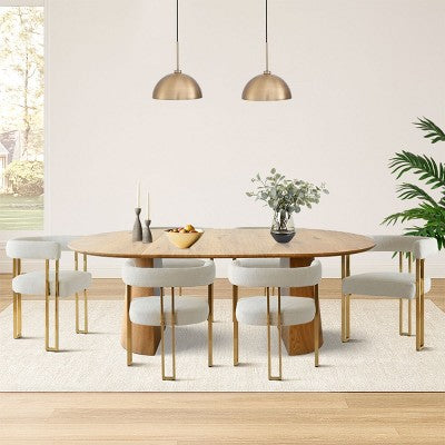 3-in-1 Oval Extendable Dining Table Set with 6 Chenille Upholstered Chairs Featuring Gold Metal Legs, Versatile Dining Furniture-Panipeachy