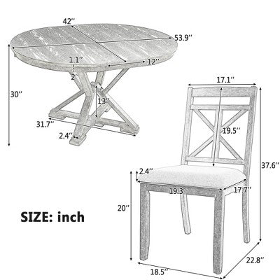 Farmhouse Extendable Round Dining Set for 4, Kitchen Dining Table Set with 4 Upholstered Dining Chairs for Dining Room