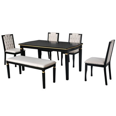 Retro 6 Pieces Kitchen Dining Table Set, Rectangular Table and 4 High-Back Tufted Chairs & Bench, Wood Dining Room Table Set for 6