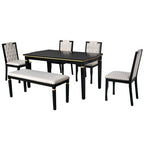 Retro 6 Pieces Kitchen Dining Table Set, Rectangular Table and 4 High-Back Tufted Chairs & Bench, Wood Dining Room Table Set for 6