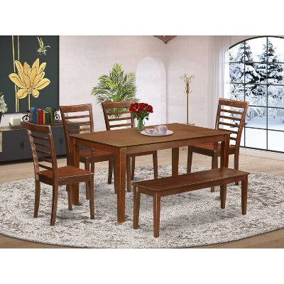HomeStock 6-Piece Rectangle Mahogany Finish Solid Wood Top Dining Table with 1 Bench, 4 Chairs