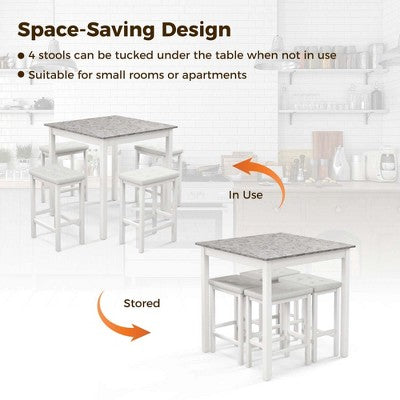 Costway 5 PCS Bar Table Set Square Dining Table & 4 PVC Leather Upholstered Bar Stools Brown/White