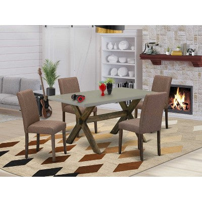 HomeStock 5-Pc Rectangle Distressed Jacobean Finish Solid Wood Top Dining Table with 4-Upholstered Chairs
