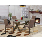 HomeStock 5-Pc Rectangle Distressed Jacobean Finish Solid Wood Top Dining Table with 4-Upholstered Chairs
