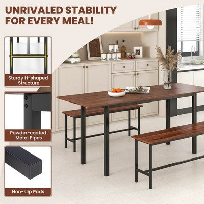 Costway 3 Piece Dining Table Set for 4-6 63Kitchen Table with 2 Benches Metal Frame Black/Walnut