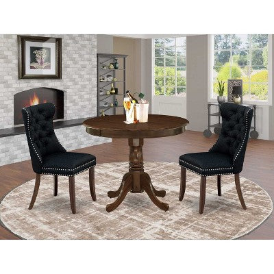 3-Piece Antique Walnut Finish Solid Wood Top - Round Dining Room Set - Seats 4
