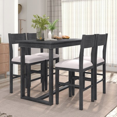 5 Pieces Counter Height Dining Set for 4, Farmhouse Wooden Bar Table Set with 4 Upholstered Chairs for Small Places