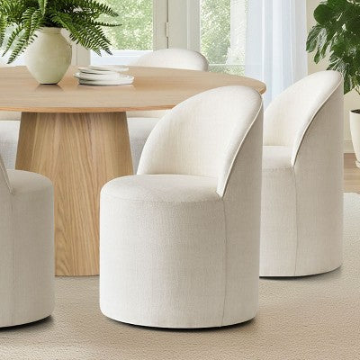 Round Dining Table Set For 6, Upholstered Barrel Dining Chairs With Castors, Linen Blend Fabric, Curved Back Support - Panipeachy