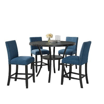Roundhill Furniture Biony Espresso Wood Counter Height Dining Set with Blue Fabric Nailhead Stools