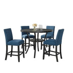 Roundhill Furniture Biony Espresso Wood Counter Height Dining Set with Blue Fabric Nailhead Stools