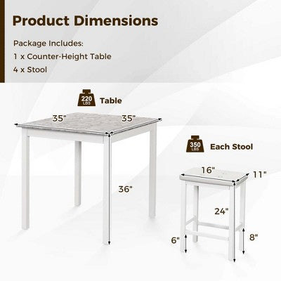 Costway 5 PCS Bar Table Set Square Dining Table & 4 PVC Leather Upholstered Bar Stools Brown/White