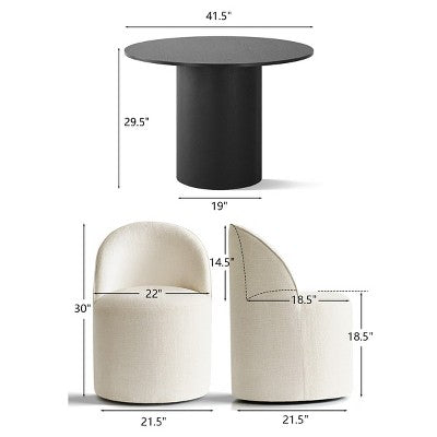 5-Piece Dining Table Set for 4, Modern Barrel Chair with Wheels and Chenille Upholstery, Black Round Pedestal Table-Panipeachy