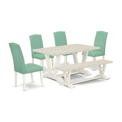 HomeStock 6-Piece Rectangle Wire Brushed Linen White Finish Solid Wood Top Dining Table with 1-Bench, 4-Chairs