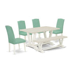 HomeStock 6-Piece Rectangle Wire Brushed Linen White Finish Solid Wood Top Dining Table with 1-Bench, 4-Chairs