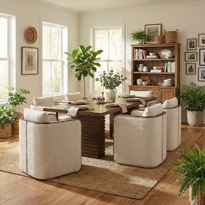 Christopher Knight Home Yao Modern 7 Piece Dining Set with Rectangular Table and 6 Rubberwood Upholstered Chairs